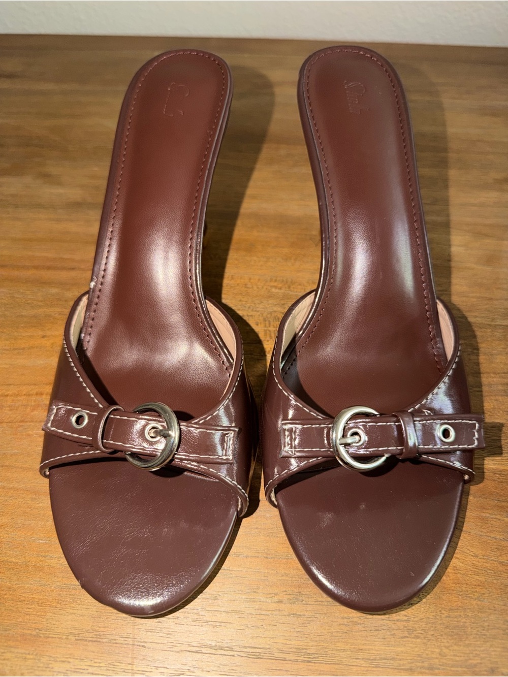 SHEIN Dark Brown Open-Toe Slide Mules with Silver Buckle